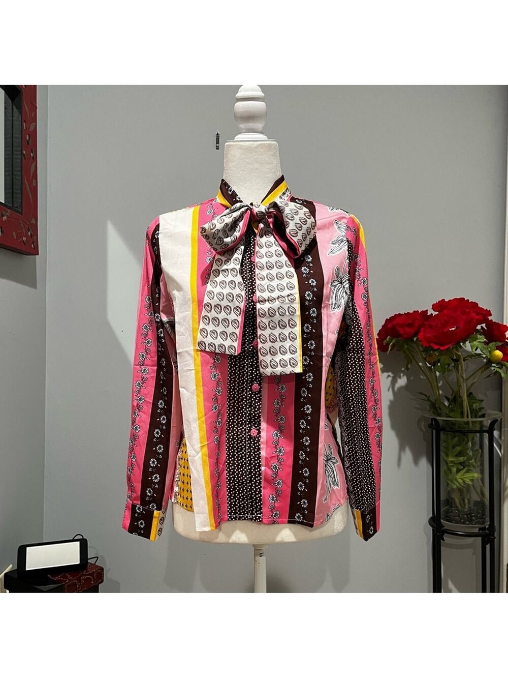 NEW Five Cats Retro Stripe Floral Academia Statement Bow Multicolor Blouse NWT M